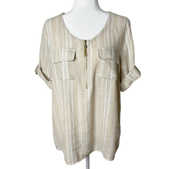 Ellen Tracy Women's Linen Tunic Top M Beige Striped Half Zip Utility Tab Sleeve - Picture 1 of 9